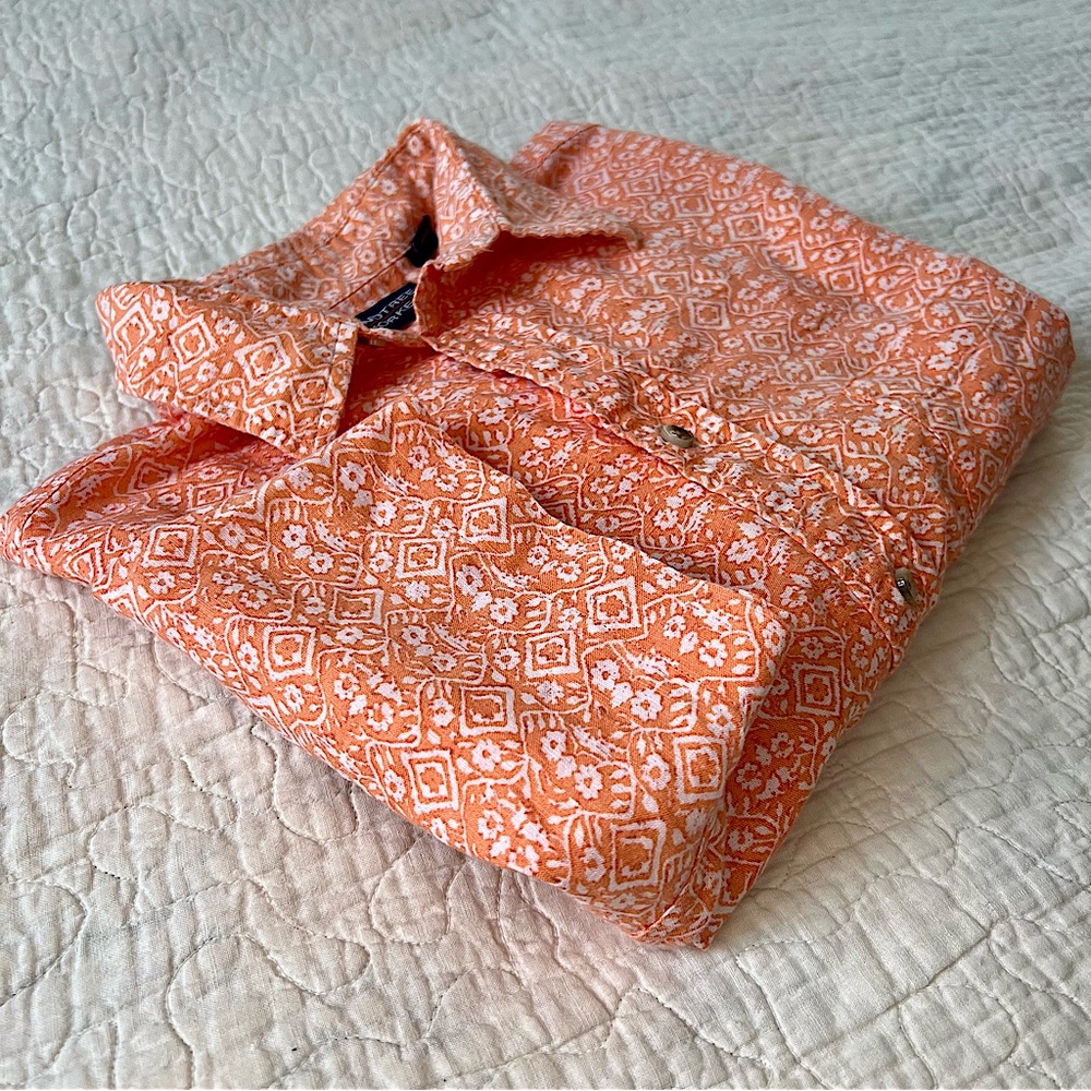 Roundtree & Yorke Shirt Orange White Linen / Cotton Button Up Short Sleeve